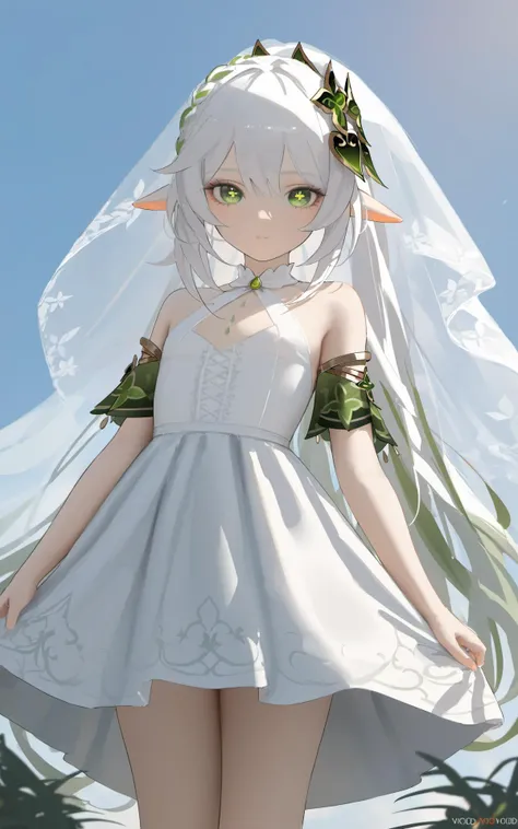 (masterpiece), (best quality),nahida (genshin impact), artist void0, 1girl, solo, long hair, dress, green eyes, white dress, looking at viewer, pointy ears, white hair, bangs, breasts, blurry, bare shoulders, sky, very long hair, outdoors, closed mouth, detached sleeves, veil,