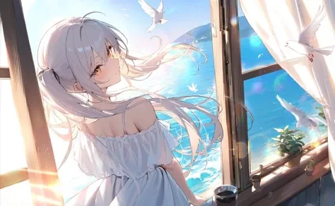 (masterpiece),(bestquality),artist 儒宅¸­,a girl,long hair,twintails, looking_back, light_smile, floating_hair, white_dress, sunlight, gold light,Backlight,white_dove, open window,sea,lens_flare, sun_hat, blue_sky,Floating curtains,potting,