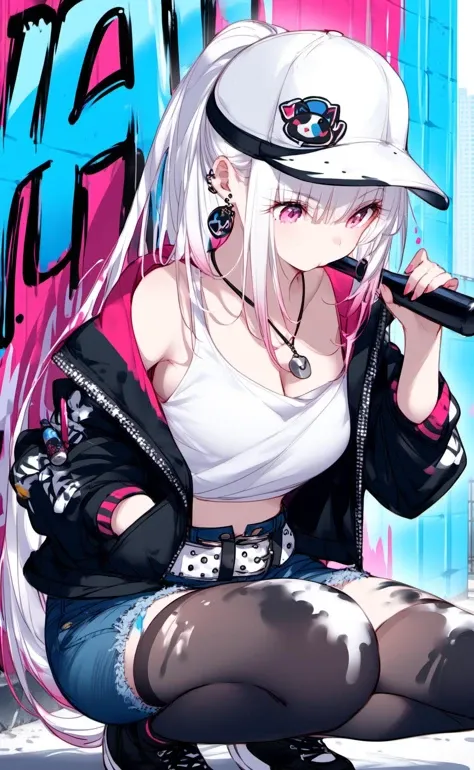 a girl,white hair,long hair,pink eyes,black jacket,White midriff shirt,shorts jeans,With lollipops in it,Insert a pocket,Fashionable duckbill cap,Earrings,hair ornament,ponytail,black thighhighs,Belt necklace,cleavage,panties, squatting, 
Baseball bat,Model pose,looking down,hat focus,
Baton,Big oil drum,Flowing paint,aerosol can,Paint decoration,against wall,waist rail,graffiti,graffiti wall,