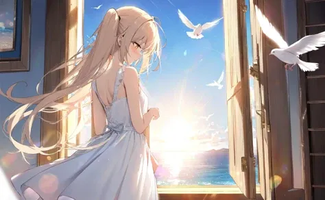 (masterpiece),(bestquality),artist 儒宅¸,a girl,long hair,twintails, looking_back, light_smile, floating_hair, white_dress, sunlight, gold light,Backlight,white_dove, open window,sea,lens_flare, sun_hat, blue_sky, ,