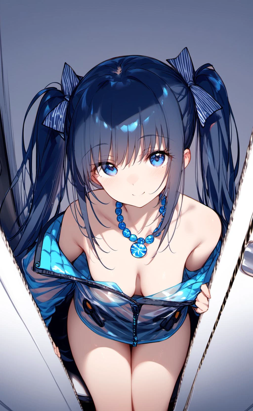 a girl,long_hair,hair bow,twintails,light_smile,sex mecha clothes,see-through,blue necklace,cleavage,undressing,no bra,medium_breasts,
,floating_hair,looking_at_viewer,male_focus,from front,in changing room,from_above, ,masterpiece, best quality,