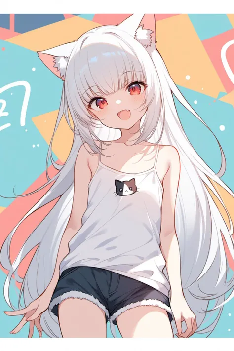 ultra-detailed,(best quality),((masterpiece)),(highres),original,extremely detailed 8K wallpaper,(an extremely delicate and beautiful), anime, \\, BREAK 1girl, long hair, white hair, virtual youtuber, open mouth, cat ears, fang, smile, blush, camisole, shorts, solo, bangs, very long hair, shirt, looking at viewer, :d, skin fang, ribbon, red eyes, simple background, (( girl)), ((petite))