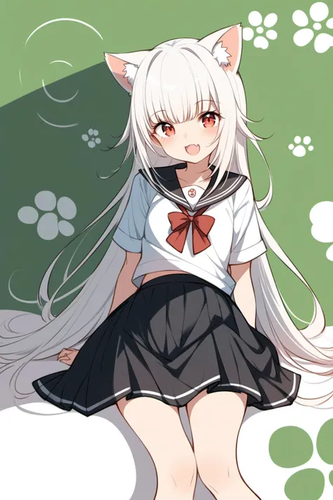 ultra-detailed,(best quality),((masterpiece)),(highres),original,extremely detailed 8K wallpaper,(an extremely delicate and beautiful), anime, \\, BREAK 1girl, long hair, white hair, virtual youtuber, skirt, open mouth, cat ears, black skirt, fang, short sleeves, smile, blush, school uniform, solo, bangs, very long hair, shirt, looking at viewer, white shirt, sailor collar, :d, skin fang, ribbon, red eyes, simple background, serafuku, young girl, ((ite))