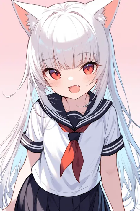 ultra-detailed,(best quality),((masterpiece)),(highres),original,extremely detailed 8K wallpaper,(an extremely delicate and beautiful), anime, \\, BREAK 1girl, long hair, white hair, virtual youtuber, skirt, open mouth, cat ears, black skirt, fang, short sleeves, smile, blush, school uniform, solo, bangs, very long hair, shirt, looking at viewer, white shirt, sailor collar, :d, skin fang, ribbon, red eyes, simple background, serafuku, young girl, ((ite))