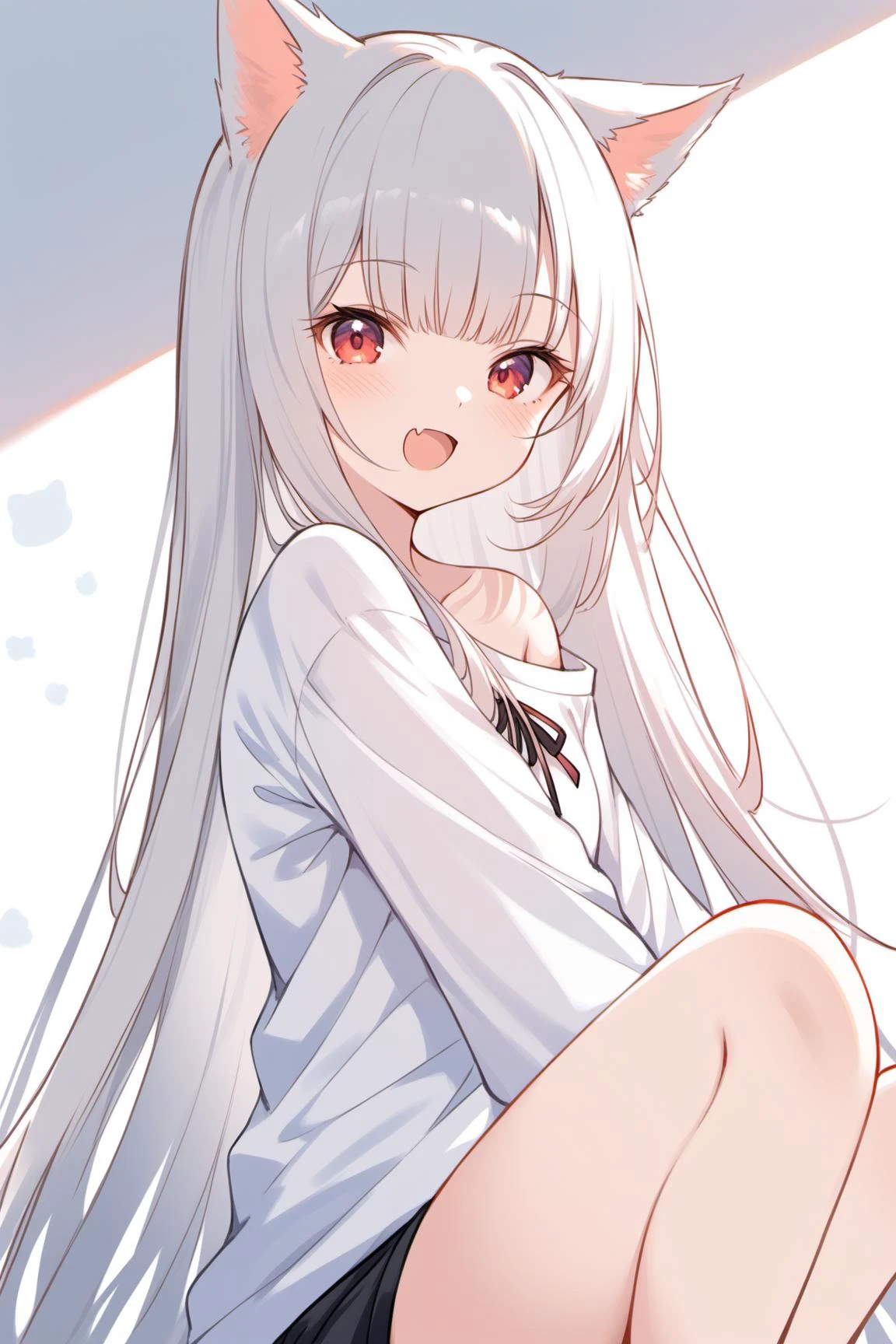 ultra-detailed,(best quality),((masterpiece)),(highres),original,extremely detailed 8K wallpaper,(an extremely delicate and beautiful), anime, \\, BREAK 1girl, long hair, white hair, virtual youtuber, open mouth, cat ears, fang, smile, blush, white shirt, shorts, solo, bangs, very long hair, looking at viewer, :d, skin fang, ribbon, red eyes, simple background, (( girl)), ((petite))