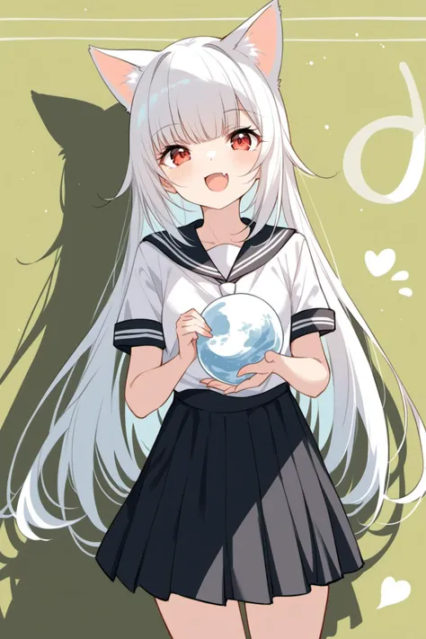 ultra-detailed,(best quality),((masterpiece)),(highres),original,extremely detailed 8K wallpaper,(an extremely delicate and beautiful), anime, \\, BREAK 1girl, long hair, white hair, virtual youtuber, skirt, open mouth, cat ears, black skirt, fang, short sleeves, smile, blush, school uniform, solo, bangs, holding, very long hair, shirt, looking at viewer, white shirt, sailor collar, :d, skin fang, ribbon, red eyes, simple background, serafuku, young girl, ((ite))