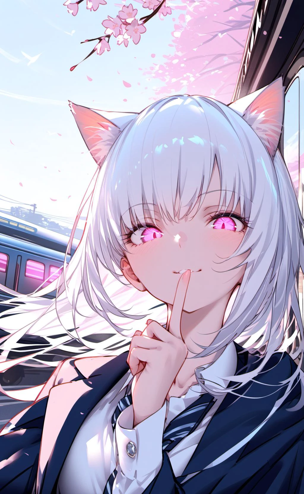 a girl,white hair,pink eyes,cat ears,glowing eyes,light smile,shushing,bra,floating hair,upper body, cherry blossoms, looking at viewer,school uniform,train,masterpiece, best quality,