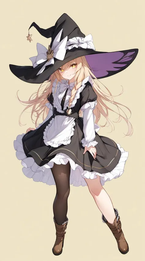 masterpiece,best quality,masterpiece,best quality,masterpiece,hyper extreme detailed,beautiful detailed eyes,artist ke-ta:0.9,1girl,apron,black dress,black headwear,blonde hair,boots,bow,braid,brown footwear,closed mouth,dress,frilled apron,frilled dress,frilled sleeves,frills,full body,hair between eyes,hat,hat bow,knee boots,layered sleeves,long hair,long sleeves,short over long sleeves,short sleeves,simple background,single braid,smile,solo,star \(symbol\),waist apron,white apron,white bow,witch hat,yellow background,yellow eyes,kirisame marisa,<lora:EularA:1>,artist è»pote,black pantyhose,