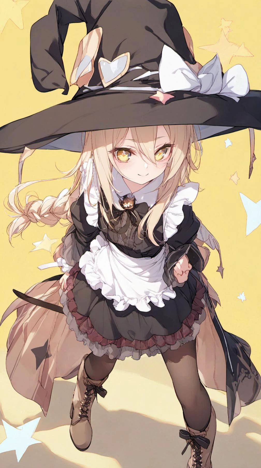 masterpiece,best quality,masterpiece,best quality,masterpiece,hyper extreme detailed,beautiful detailed eyes,artist ke-ta:0.9,1girl,apron,black dress,black headwear,blonde hair,boots,bow,braid,brown footwear,closed mouth,dress,frilled apron,frilled dress,frilled sleeves,frills,full body,hair between eyes,hat,hat bow,knee boots,layered sleeves,long hair,long sleeves,short over long sleeves,short sleeves,simple background,single braid,smile,solo,star \(symbol\),waist apron,white apron,white bow,witch hat,yellow background,yellow eyes,kirisame marisa,<lora:EularA:1>,artist è»pote,black pantyhose,