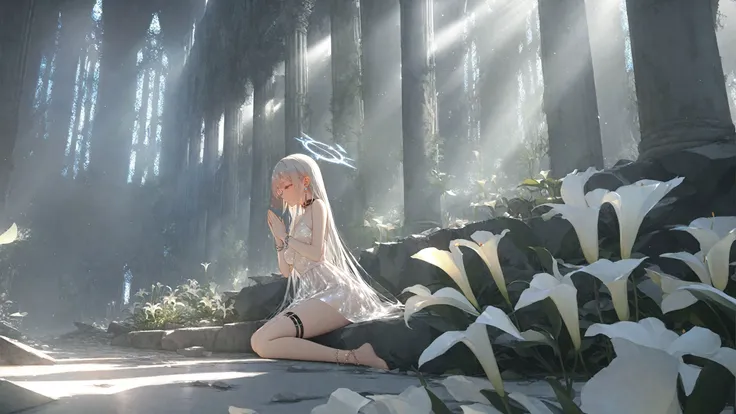 (masterpiece:1.4),(best quality:1.4),game cg,scenery,wallpaper,incredibly absurdres,
1girl,angel,bishoujo,medium breasts,long hair,
translucent white_halter_dress,thigh_strap,halo,anklet,bracelet,choker,crystal_earrings,no_underwear,
sit on the ruins,praying,
indoor,church,rubble_ruins,collapsed ruins,plant on wall,lily,
(light leaks),(Tyndall effect),(sunlight),
full_shot,(foreshortening),front view,