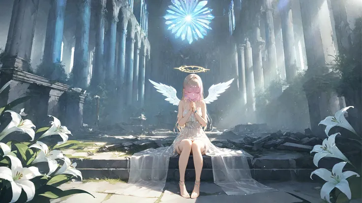 (masterpiece:1.4),(best quality:1.4),game cg,scenery,wallpaper,incredibly absurdres,
1girl,angel,bishoujo,medium breasts,long hair,
translucent white_halter_dress,thigh_strap,halo,anklet,bracelet,choker,crystal_earrings,no_underwear,
sit on the ruins,praying,
indoor,church,rubble_ruins,collapsed ruins,plant on wall,lily,
(light leaks),(Tyndall effect),(sunlight),
full_shot,(foreshortening),front view,