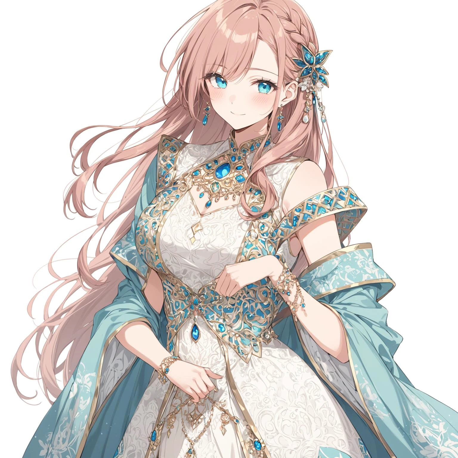 masterpiece, best quality, anime style, 1girl, solo, looking at viewer, fantasy outfit, perfect eyes, beautiful clothing, mature girl, side braid hair, mature female, light smile, blush, white background, simple background, standing, medium breasts, intricate details, highly detailed, jewelry, half body