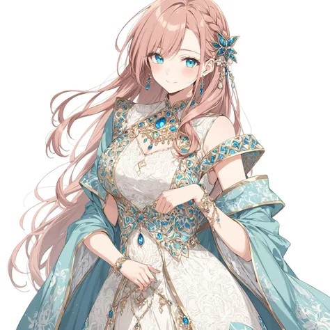 masterpiece, best quality, anime style, 1girl, solo, looking at viewer, fantasy outfit, perfect eyes, beautiful clothing, mature girl, side braid hair, mature female, light smile, blush, white background, simple background, standing, medium breasts, intricate details, highly detailed, jewelry, half body