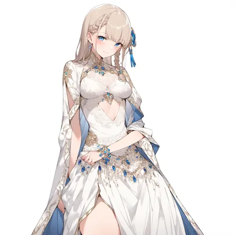 masterpiece, best quality, anime style, 1girl, solo, looking at viewer, fantasy outfit, perfect eyes, beautiful clothing, mature girl, side braid hair, mature female, light smile, blush, white background, simple background, standing, medium breasts, intricate details, highly detailed, jewelry, half body