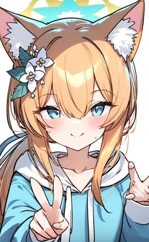 masterpiece, best quality,1girl, animal ears, solo, animal ear fluff, blue eyes, hood, hair flower, hoodie, v, long hair, mari \(blue archive\), flower, hair ornament, halo, white background, simple background, smile, ponytail, upper body, orange hair, looking at viewer, bangs, hood down, blush, closed mouth, hand up, sidelocks, drawstring, alternate hairstyle, long sleeves, official alternate costume, hair between eyes, blue hoodie, collarbone