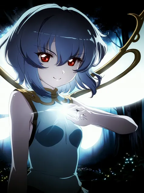 score_9,score_8_up,score_7_up,score_6_up,source_anime, shiny, shiny skin, <lora:naipony2:0.8>, <lora:tgm-xl-a3.1:1>, anime coloring, pixiv,
masterpiece, best quality, 1girl, solo, red eyes, blue hair, smile, glowing eyes, close-up, glowing, looking at viewer, short hair, smirk, slit pupils, hair between eyes, closed mouth, portrait, parody, >:),
(cowboy shot:1.3),(blue hair),(blue gradient hair),bare skin,fairy,(transparent fairy wings),blue skin,pixie ears,(in the enchanted forest:1.3),(blue neon trees),(night),(neon fireflies),glowing dust,white particles in the air,
japanese, ultra detailed, serious, best quality, amazing quality, very aesthetic, absurdres, masterpiece, best quality,spotlight,masterpiece, best quality, high quality, highres, absurdres, caustics, offcial art, anime screencap,