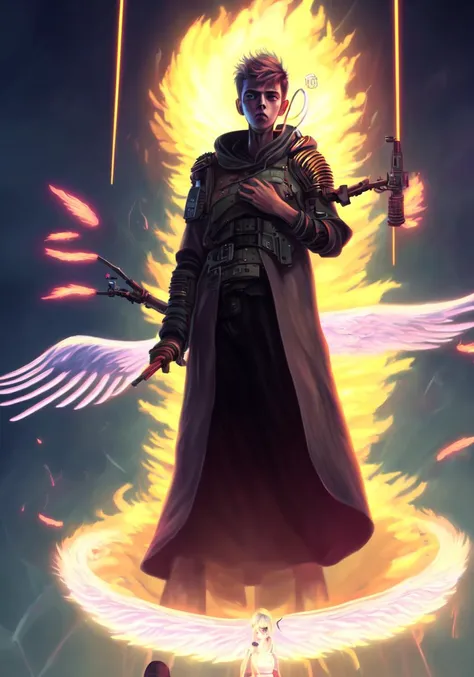 textless, best quality, War in Heaven (serphm:1.3) Archangel Holding Flaming Weapon, battling demons in another world, ggffff666666