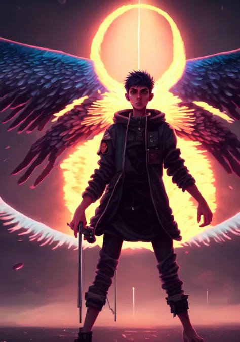 textless, best quality, War in Heaven (serphm:1.3) Archangel Holding Flaming Weapon, battling demons in another world, ggffff666666