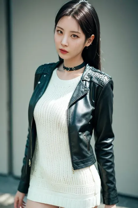 snsdseohyun, night, on a streets, summer, RAW,(8k, best quality, masterpiece:1.2),(intricate details:1.4),(photorealistic:1.4),octane render, complex 3d render ultra detailed, studio soft light, rim light, vibrant details, ultra detailed, realistic skin texture, detailed face, beautiful detailed eyes, extremely detailed CG unity 8k wallpaper, makeup, (detailed background:1.2), (cowboy shot:1.2),(perfect anatomy:1.2),(wide hip:1.1),(black leather jacket, mini skirt, choker, bracelet:1.1), <lora:snsdseohyun-v1:1>