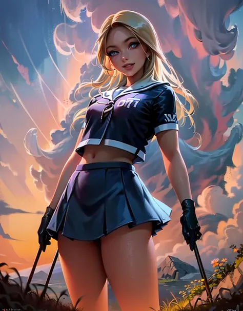 1girl cheerleader, (blue eyes, skirt, uniform, makeup, blonde, gloves), curvy, looking at viewer, smile, :D, from below, cute pose,
(detailed landscape, school, grass, clouds:1.2), (background:1), (dynamic_angle:1.2), (dynamic_pose:1.2), (rule of third_composition:1.3), (dynamic_perspective:1.2), (dynamic_Line_of_action:1.2), solo, wide shot,
(masterpiece:1.2), (best quality, highest quality), (ultra detailed), (8k, 4k, intricate),(full-body-shot:1), (Cowboy-shot:1.2), (50mm), (highly detailed:1.2),(detailed face:1.2), detailed_eyes,(gradients),(ambient light:1.3),(cinematic composition:1.3),(HDR:1),Accent Lighting,extremely detailed,original, highres,(perfect_anatomy:1.2),
<lora:RossDraw_Style:0.8>