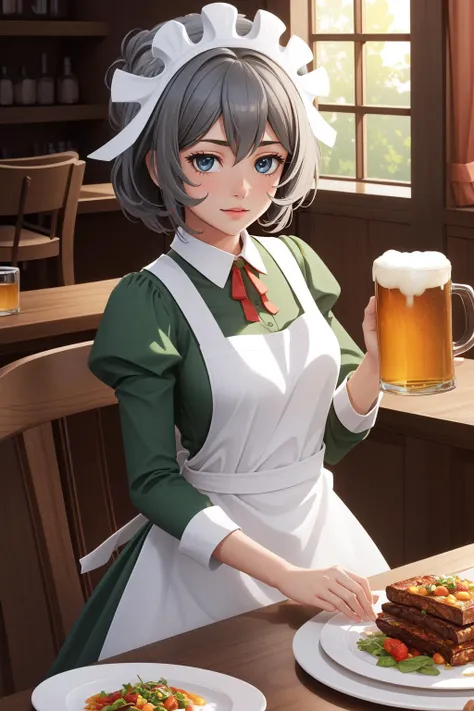(masterpiece, best quality), intricate details,
1girl, <lora:syrflova-nvwls-v1:0.8> syr flova, grey hair, maid headdress, green dress, apron
indoors, tavern, fantasy, mug of beer, food on plates,