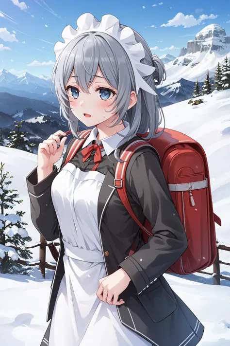 (masterpiece, best quality),  intricate details,
1girl,    <lora:syrflova-nvwls-v1:0.8> syr flova, grey hair, maid headdress,
outdoors, mountains, snow, summit, hiking,  hiking clothes, backpack, sweating, jacket,