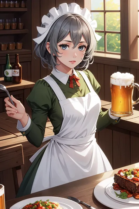 (masterpiece, best quality), intricate details,
1girl, <lora:syrflova-nvwls-v1:0.8> syr flova, grey hair, maid headdress, green dress, apron
indoors, tavern, fantasy, mug of beer, food on plates,