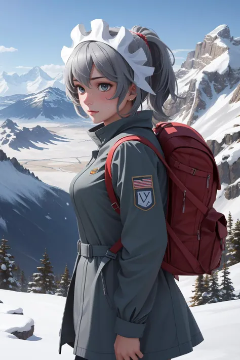 (masterpiece, best quality),  intricate details,
1girl,    <lora:syrflova-nvwls-v1:0.8> syr flova, grey hair, maid headdress,
outdoors, mountains, snow, summit, hiking,  hiking clothes, backpack, sweating, jacket,