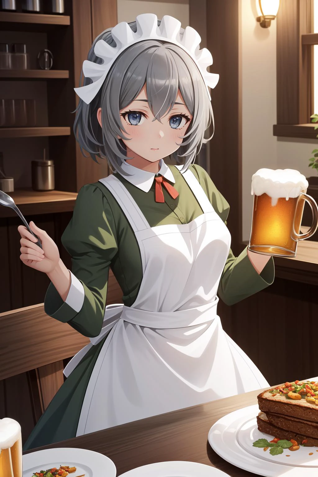 (masterpiece, best quality), intricate details,
1girl, <lora:syrflova-nvwls-v1:0.8> syr flova, grey hair, maid headdress, green dress, apron
indoors, tavern, fantasy, mug of beer, food on plates,