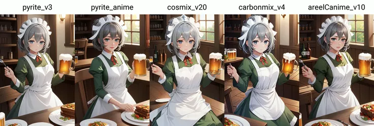 (masterpiece, best quality), intricate details,
1girl, <lora:syrflova-nvwls-v1:0.8> syr flova, grey hair, maid headdress, green dress, apron
indoors, tavern, fantasy, mug of beer, food on plates,