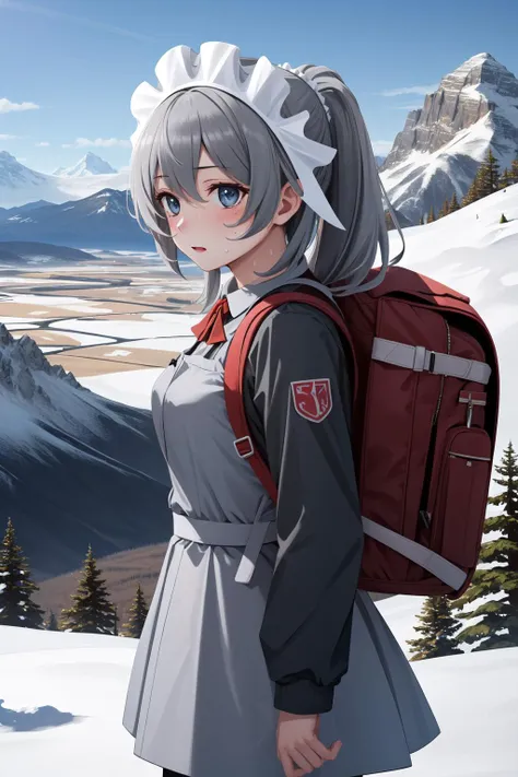 (masterpiece, best quality),  intricate details,
1girl,    <lora:syrflova-nvwls-v1:0.8> syr flova, grey hair, maid headdress,
outdoors, mountains, snow, summit, hiking,  hiking clothes, backpack, sweating, jacket,