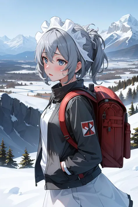 (masterpiece, best quality),  intricate details,
1girl,    <lora:syrflova-nvwls-v1:0.8> syr flova, grey hair, maid headdress,
outdoors, mountains, snow, summit, hiking,  hiking clothes, backpack, sweating, jacket,