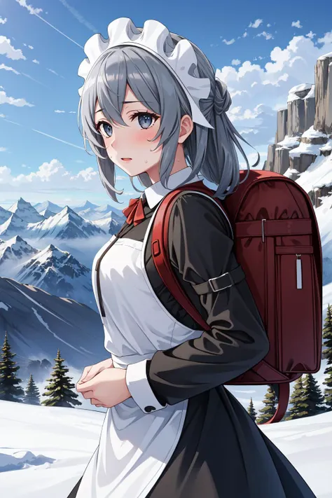 (masterpiece, best quality),  intricate details,
1girl,    <lora:syrflova-nvwls-v1:0.8> syr flova, grey hair, maid headdress,
outdoors, mountains, snow, summit, hiking,  hiking clothes, backpack, sweating, jacket,