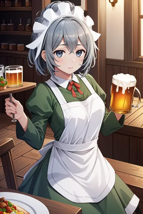 (masterpiece, best quality), intricate details,
1girl, <lora:syrflova-nvwls-v1:0.8> syr flova, grey hair, maid headdress, green dress, apron
indoors, tavern, fantasy, mug of beer, food on plates,