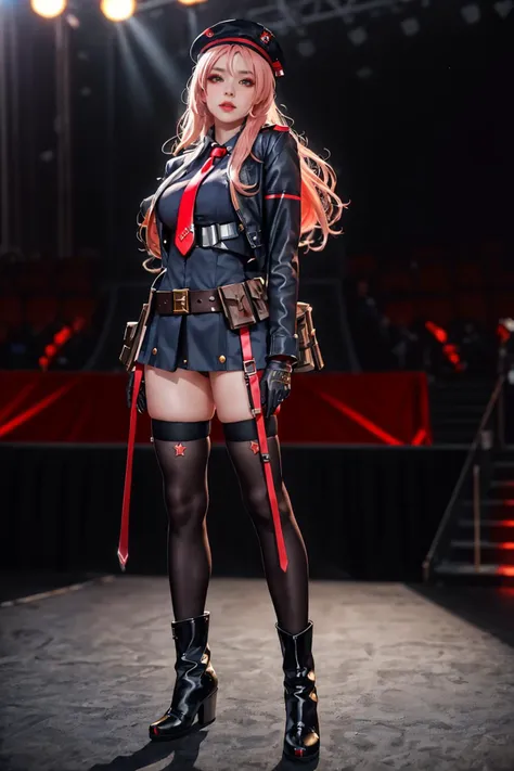 highres,absurdres,masterpiece,best quality,original,extremely detailed CG,extremely detailed wallpaper,perfect lighting,jitome,lips,makeup,standing on the stage,blurry background,
<lora:nikke_rapi_cosplay_costume_v1:0.6>,rapi cosplay costume,ammunition belt,bullet,hat,necktie,gloves,thighhighs,boots,