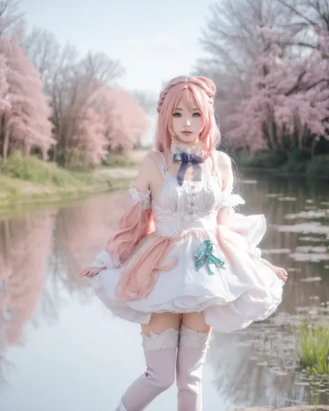 a full body photo <lora:inderite_ar181_20230807_0345:0.75> (blonde:0.20) with (green eyes:0.4), wearing light salmon <lora:dorothy_cosplay_costume_v1:0.65> dorothy costplay costume, cosplay, hair bun, white dress, detached sleeves, white thighhighs, high heel boots. standing in front of a pond in a city park, spring, clouds. off center, dreamy lighting, bright natural light, <lora:LowRA:-0.7>, vintage film, 35mm, bokeh, muted colors, RAW photo, 8k uhd, high quality, highly detailed skin, Portra 400 <lora:add_detail:0.33> modelshoot style, extremely detailed CG unity 8k wallpaper