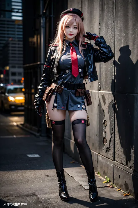 best quality, masterpiece, realistic, (photorealistic:1.4), 1girl, solo, full body, looking at viewer, smile, standing, rapi cosplay costume, cosplay, ammunition belt, jacket, bullet, hat, necktie, gloves, thighhighs, boots, detailed background, wall, <lora:nikke_rapi_cosplay_costume_v1:0.65>