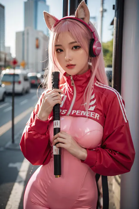 best quality, masterpiece, photorealistic, 1girl, solo,standing, looking at viewer, smile, alice cosplay costume, cosplay, pink hair, cropped jacket, animal ear headphones, bodysuit, skin tight, socks,<lora:nikke_alice_cosplay_v1:0.35>,railway,crowd,