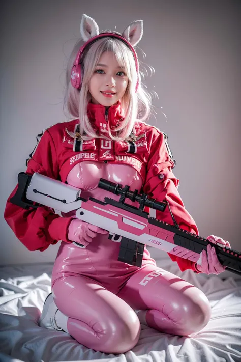 best quality, masterpiece, photorealistic, 1girl, solo, full body, looking at viewer, smile, alice cosplay costume, cosplay, pink hair, cropped jacket, animal ear headphones, bodysuit, skin tight, socks, holding rifle, simple background, <lora:nikke_alice_cosplay_v1:0.65>