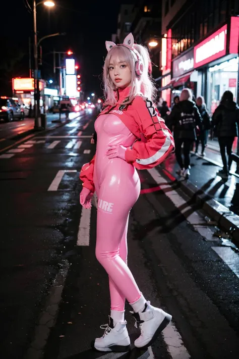 best quality, masterpiece, photorealistic, 1girl, solo, full body, looking at viewer, smile, standing, alice cosplay costume, cosplay, pink hair, cropped jacket, animal ear headphones, bodysuit, skin tight, socks, simple background, <lora:nikke_alice_cosplay_v1:0.65>