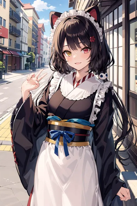 high quality, masterpiece, highres,,
1girl, inuiToko,
long hair, low twintails,
heterochromia, (twincle eyes:1),
dog ears, animal ears,
tail,
maid headdress, japanese clothes, wa maid,
black hakama, black kimono, white apron, frilled apron,
wide sleeves, long sleeves,
skirt, black skirt, hakama skirt, frilled skirt,
frills,
<lyco:inuiToko-000008:0.7>
medium breasts,
light smile, claw pose, looking at viewer, (street), arm behind back,
cowboy shot, upper body,