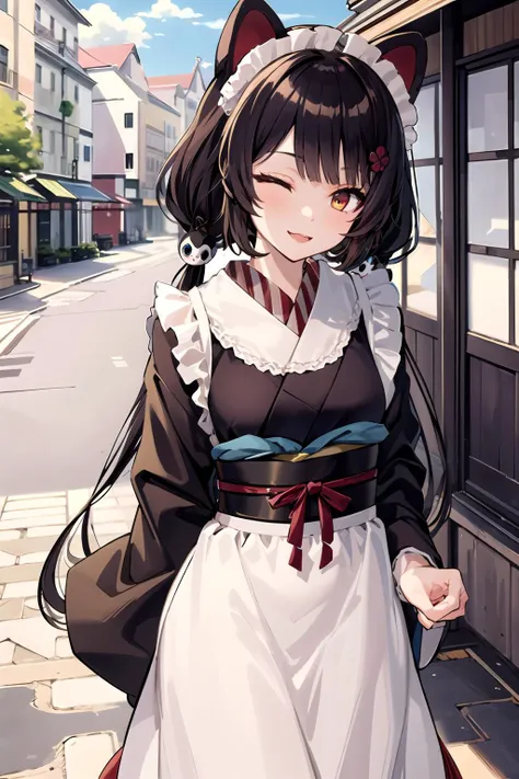 high quality, masterpiece, highres,,
1girl, inuiToko,
long hair, low twintails,
heterochromia, (twincle eyes:1),
dog ears, animal ears,
tail,
maid headdress, japanese clothes, wa maid,
black hakam, black kimono, white apron, frilled apron,
wide sleeves, long sleeves,
skirt, black skirt,  hakama skirt, frilled skirt,
frills,
<lyco:inuiToko-000008:0.7>
medium breasts,
light smile, arm behind back, leaning forward,  one eye closed, looking at viewer, (street)