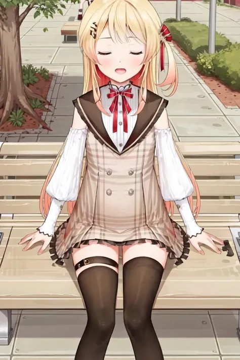 masterpiece, Highest quality, 8k wallpaper, Very detailed, A girl about , (Golden Hair:1.1), Long Hair, fine grain、(Red Skirt)、 White dress shirt,(A single large red flower hair ornament:1.1),Light blue eyes、contemptuous,looking down、ceiling,nature background、skirt lift、showing panties