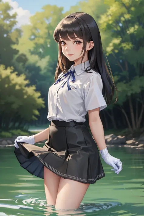 (masterpiece, best quality:1.2), <lyco:kancolle_hayashio-10:1.0>, cowboy shot, solo, 1girl, hayashio, smile, looking at viewer, arms behind back, wading, white shirt, neck ribbon, short sleeves, black vest, black skirt, white gloves