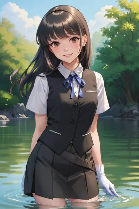 (masterpiece, best quality:1.2), <lyco:kancolle_hayashio-10:1.0>, cowboy shot, solo, 1girl, hayashio, smile, looking at viewer, arms behind back, wading, white shirt, neck ribbon, short sleeves, black vest, black skirt, white gloves