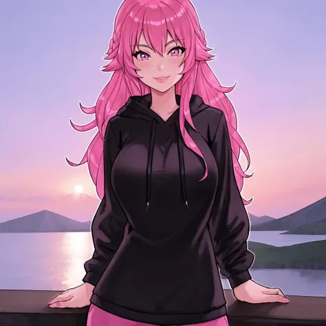 1girl, masterpiece, best quality, 1girl, long hair, pink hair, large breasts, black hoodie, light smile, portrait, mountain, fog,pants