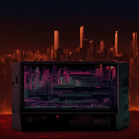textless (retrowave:1) an old - fashioned computer screen with a city skyline in the background <lora:RetroWave_LoraBooth:1>