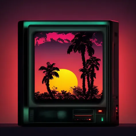 textless (retrowave:1)  an old - fashioned television screen with a palm tree on top of it  <lora:RetroWave_LoraBooth:1>