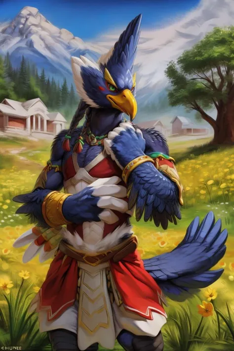 (by spiritd, by negger, by zackary911, by chunie) revali, avian, bird, rito, winged arms, black body, black feathers, beak, armor, clothed, safe, jewelry, front view, feathered tail, day, field, tree, flower field, braided hair, hair jewelry,