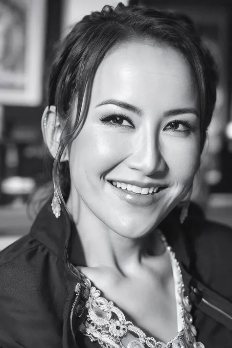 realistic, best quality, highres, masterpiece , 1girl, solo, monochrome, close-up, high contrast,   looking at viewer, 
(smile:0.1)
